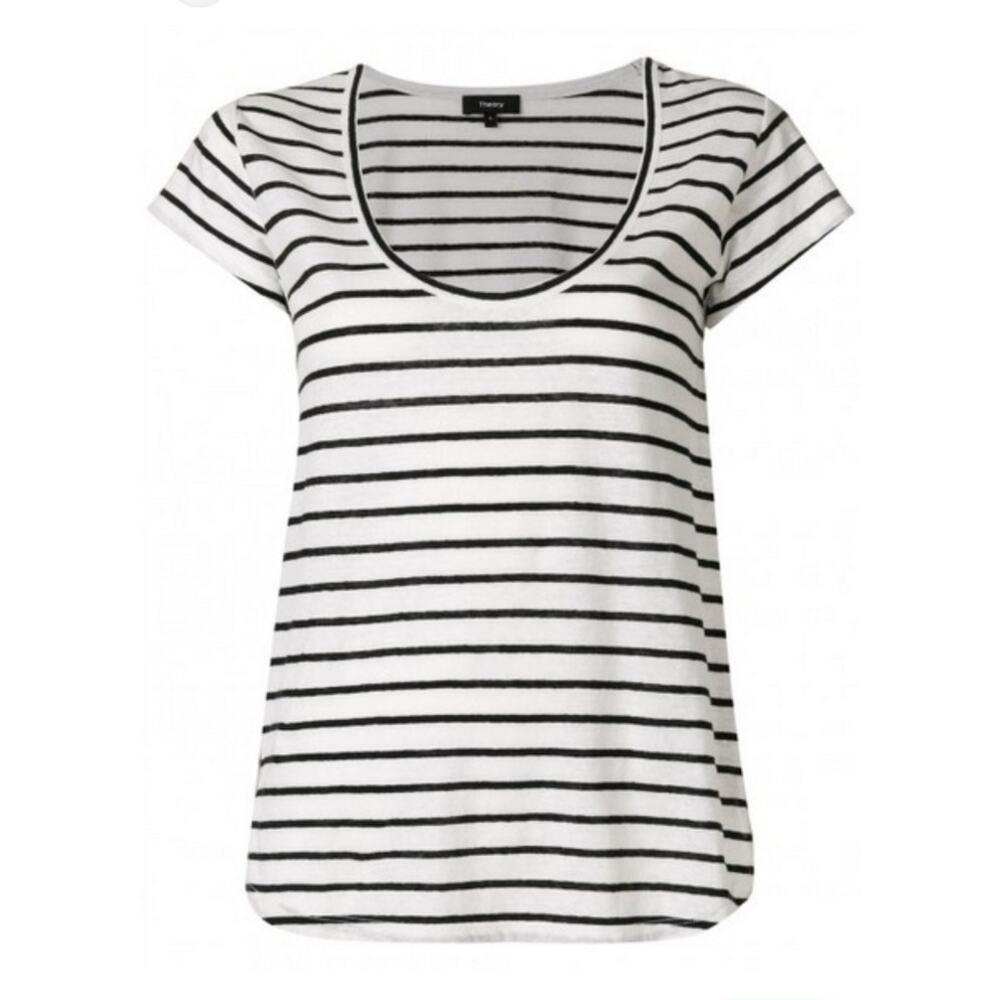 Theory Black & White Stripe Linen Scoop Neck T-Shirt Size Large